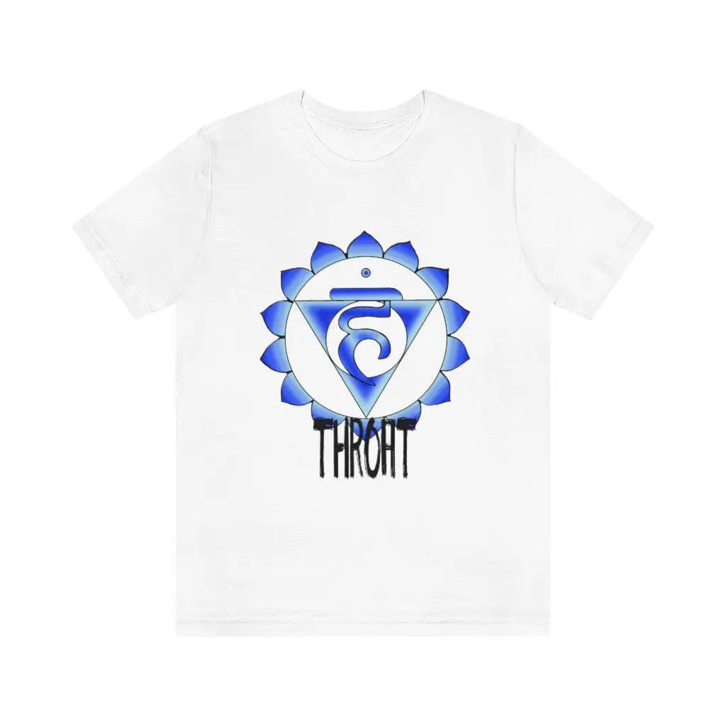 Throat Chakra T-Shirt in white on a flat background, showcasing the vibrant Vishuddha symbol.