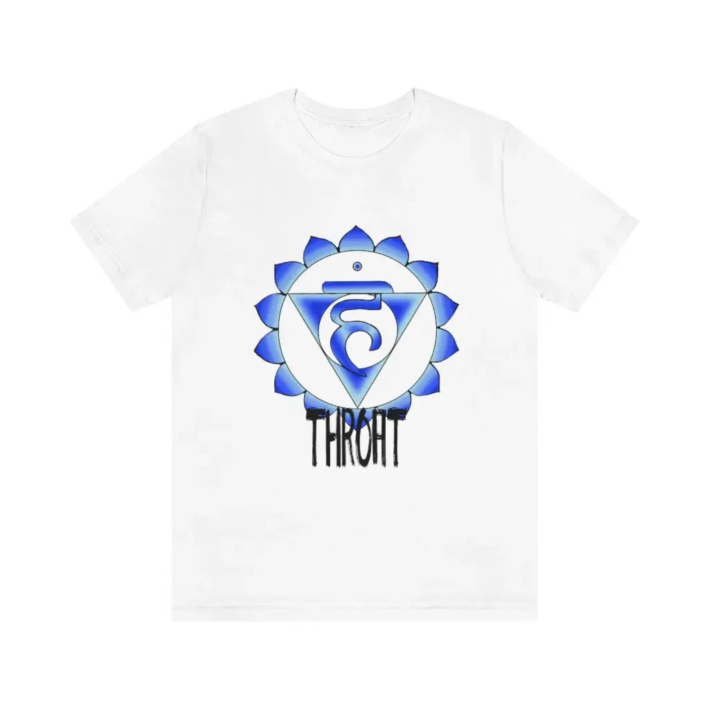 White t-shirt with blue Throat Chakra symbol and 'THROAT' text, spiritual energy design