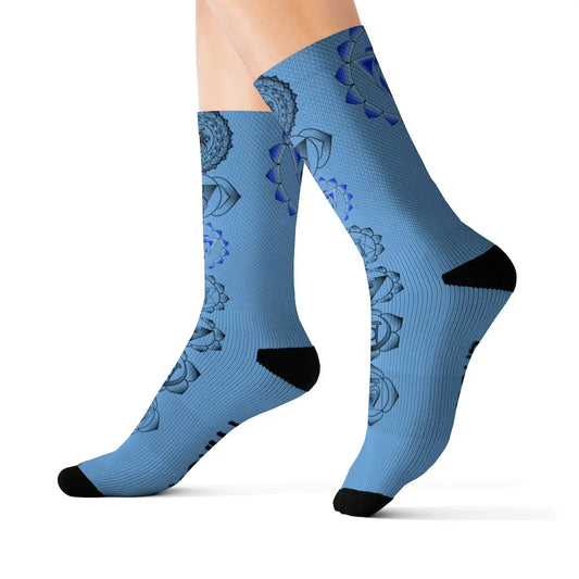 Model (White Background): Model wearing the blue Throat Chakra Socks to show fit and length.