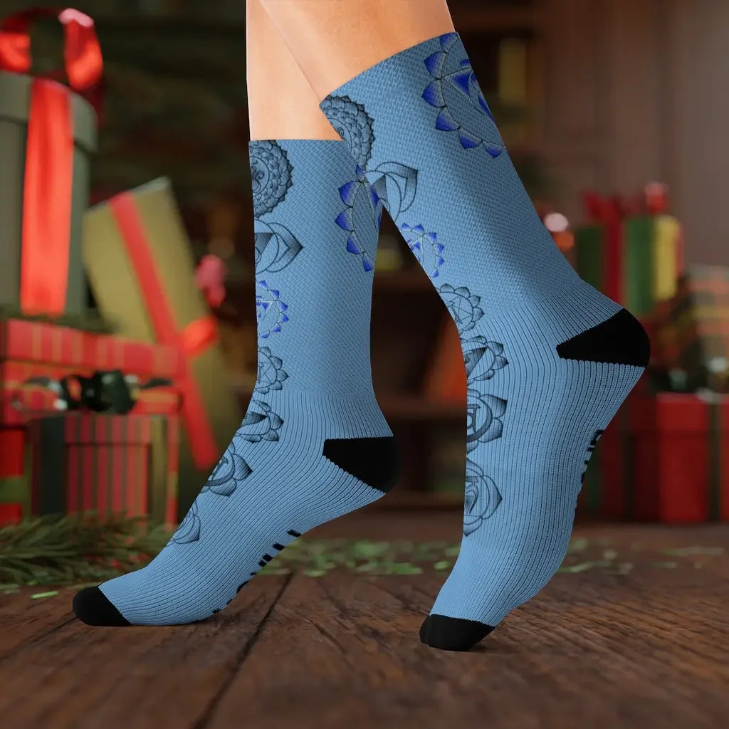 Blue chakra socks with lotus and mandala designs, perfect for spiritual wellness and holistic energy alignment.