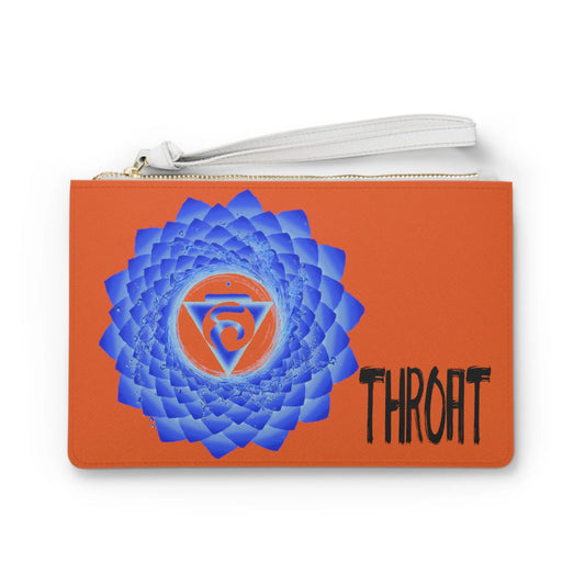 Throat Chakra Clutch - Front view of orange vegan leather purse with blue Throat Chakra symbol print.