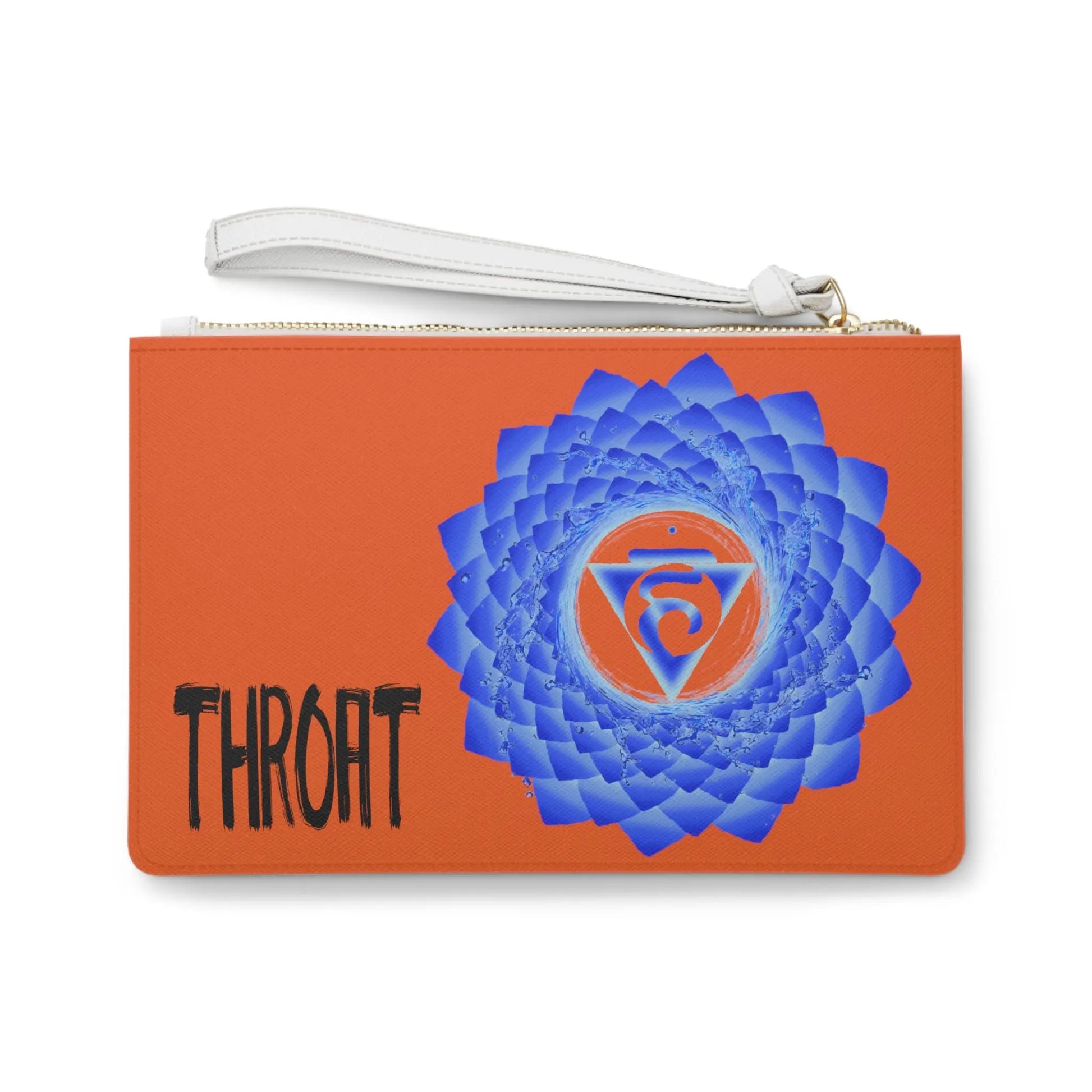Throat Chakra Clutch - Back view of orange vegan leather purse with blue Throat Chakra symbol print.