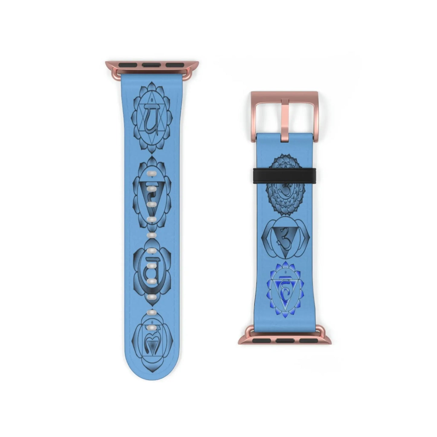 Blue Apple Watch band with chakra symbols, rose gold buckle, spiritual energy design