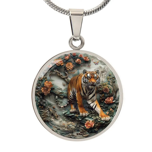 Silver Chinese Zodiac 'Year of the Tiger' Pendant Necklace on a white background.