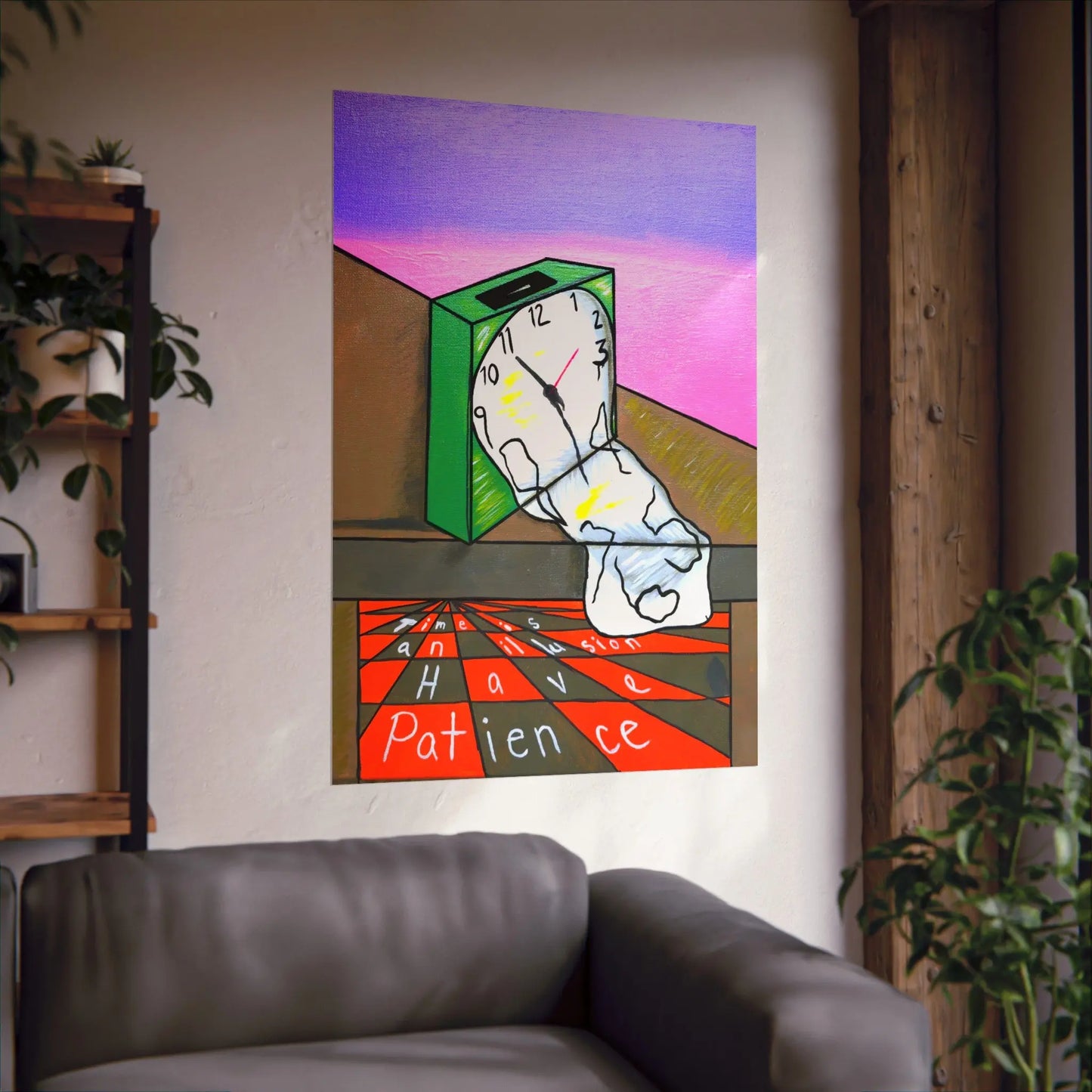 "Time is an Illusion" poster by Te' Youngblood displayed in a modern living room.