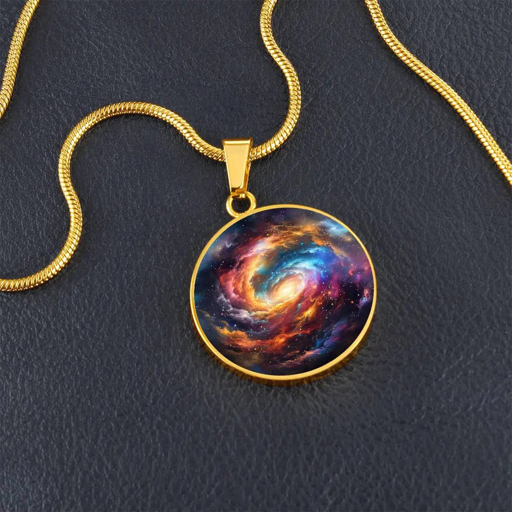 Gold Cosmic Energy Necklace shown in a lifestyle setting.