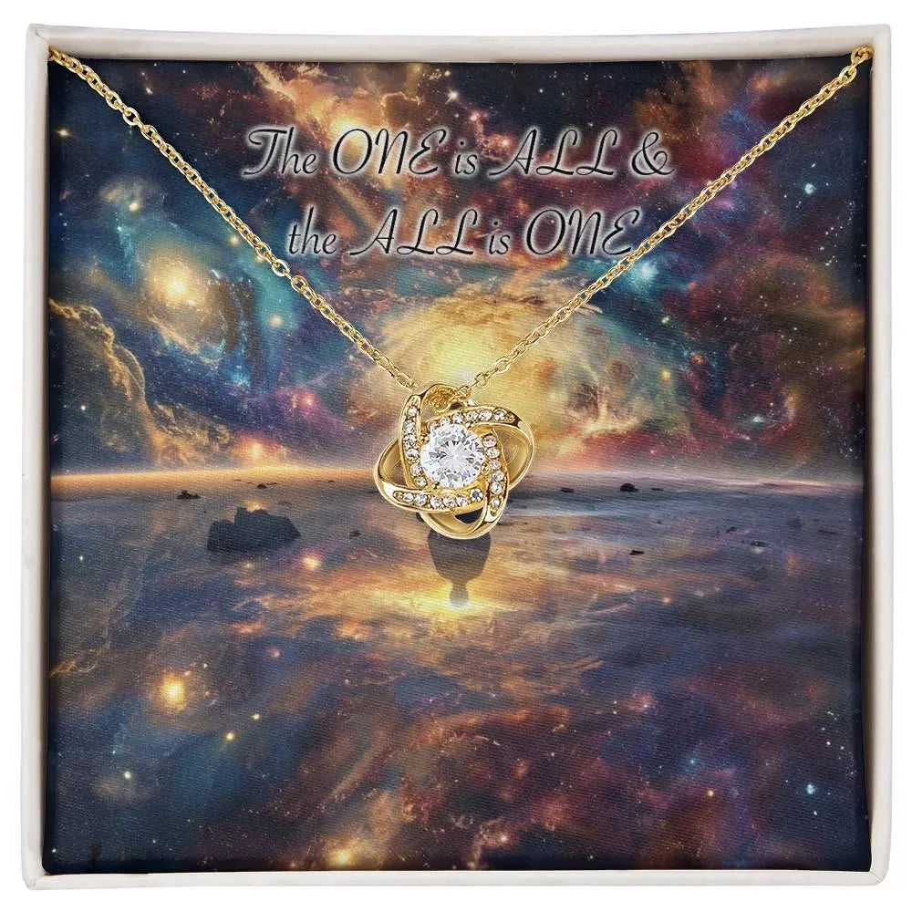 18k yellow gold finish "Universal Law" necklace in the standard gift box with message card.