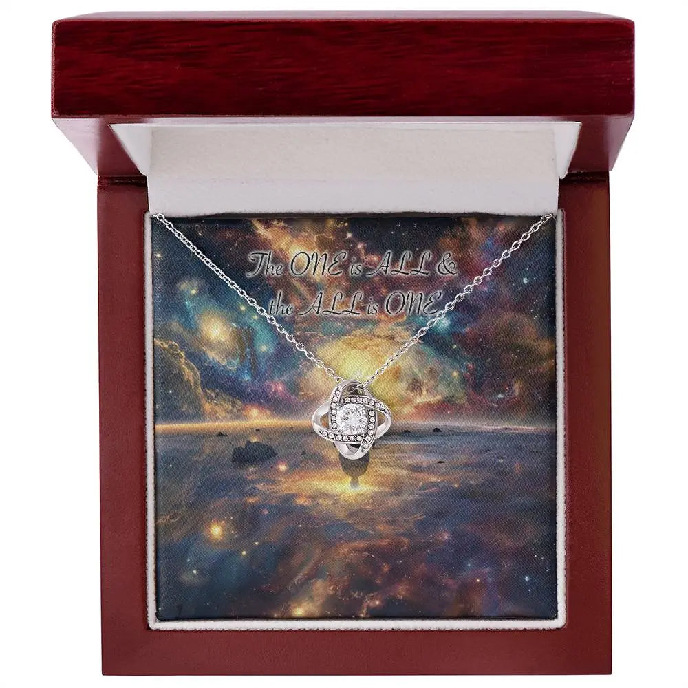 14k white gold finish "Universal Law" necklace in the mahogany-style luxury gift box.