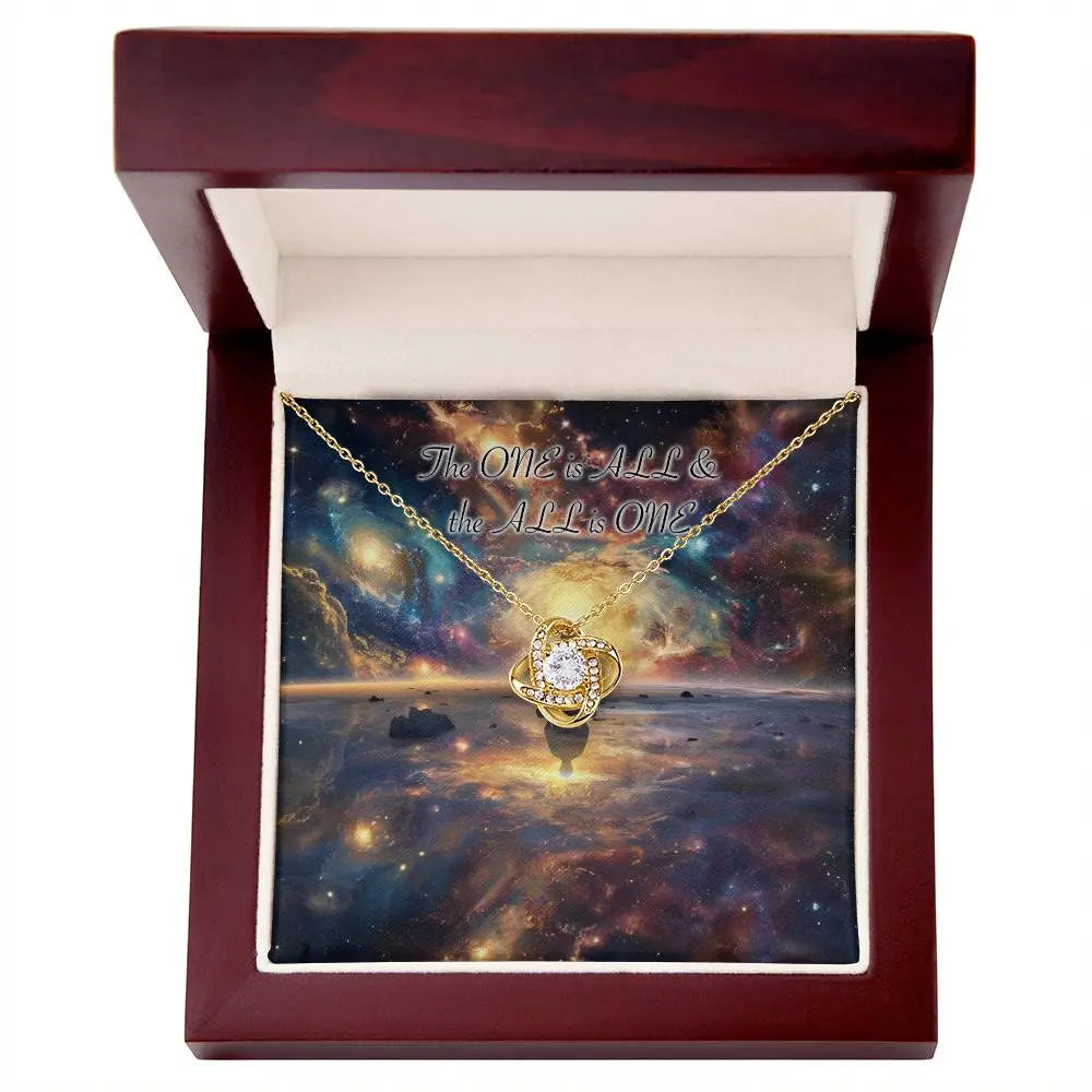 18k yellow gold finish "Universal Law" necklace in the mahogany-style luxury gift box.