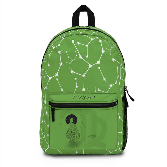 Green Virgo Queen Zodiac Backpack - Front view featuring the Black woman Virgo maiden emblem and constellation print.