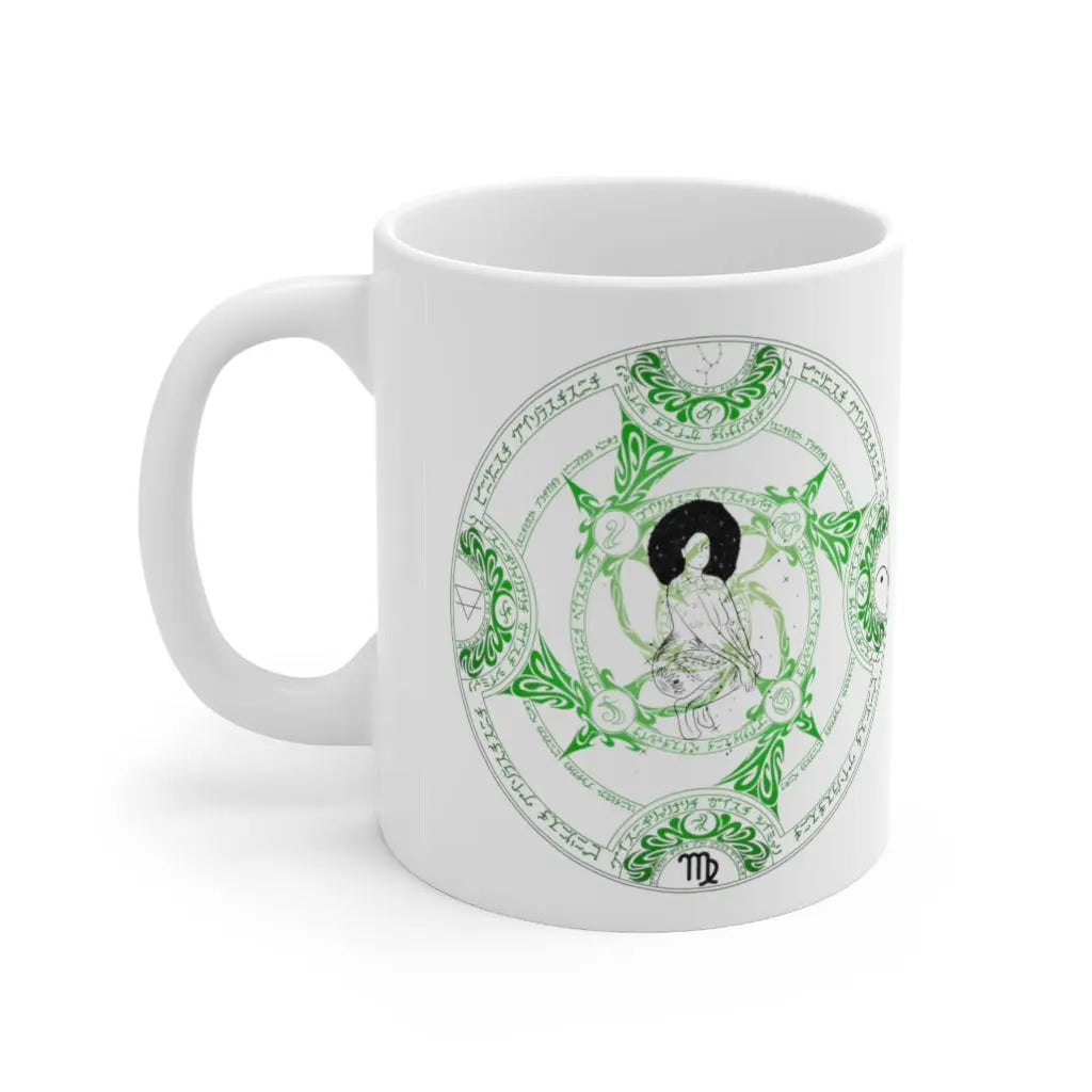 Virgo Queen Zodiac Mug - Right side with intricate green elemental sigil and a voluptuous African American Maiden, clean white background.