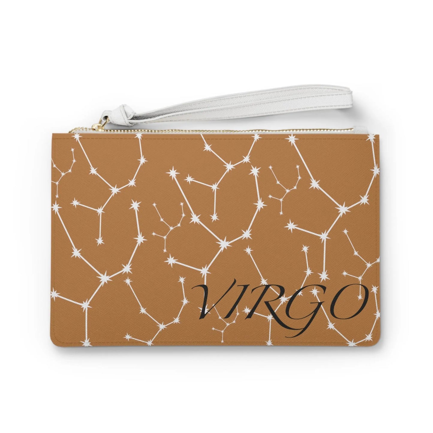Virgo Zodiac Clutch - Front view of brown vegan leather purse with white constellation print.