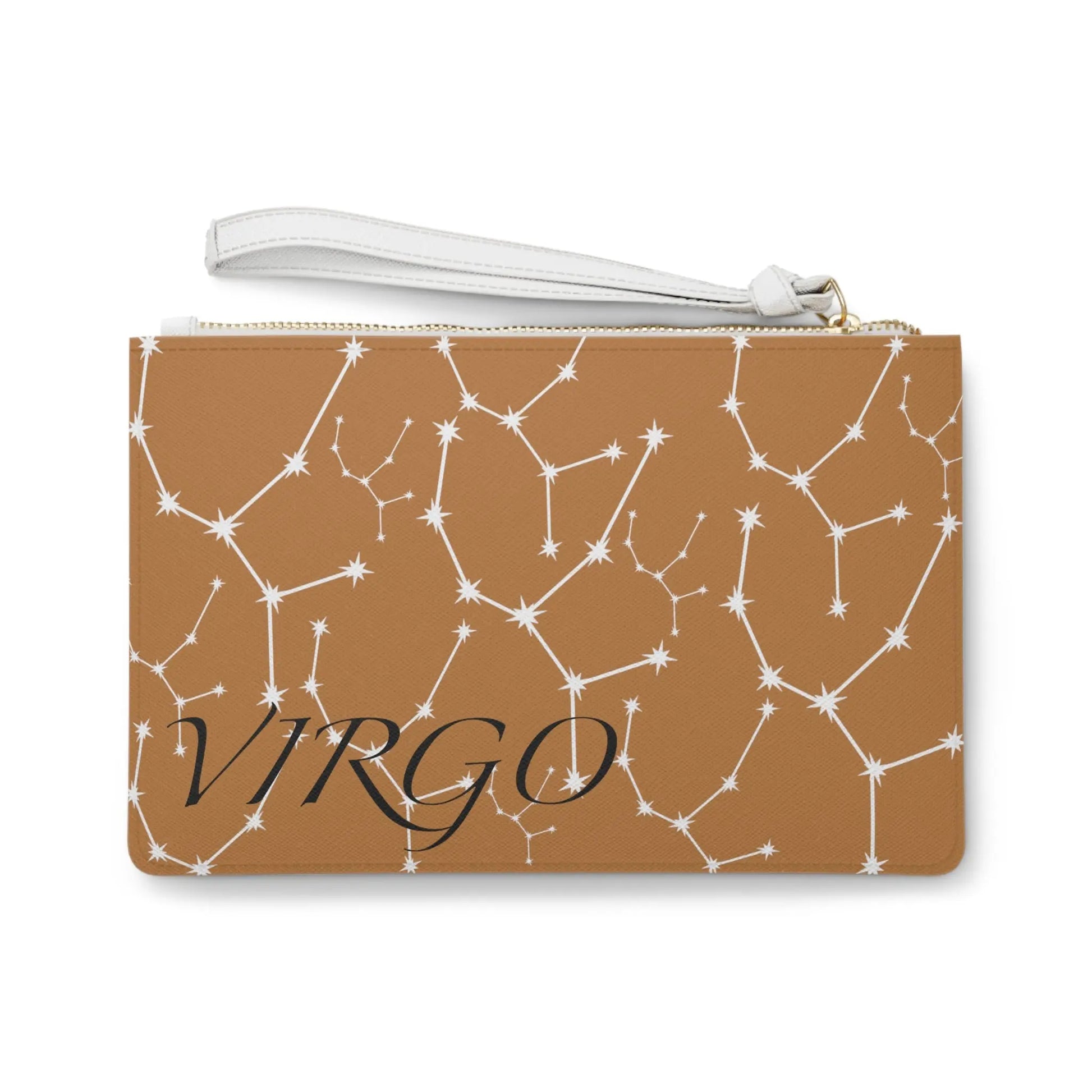Virgo Zodiac Clutch - Back view of brown vegan leather purse with white constellation print.