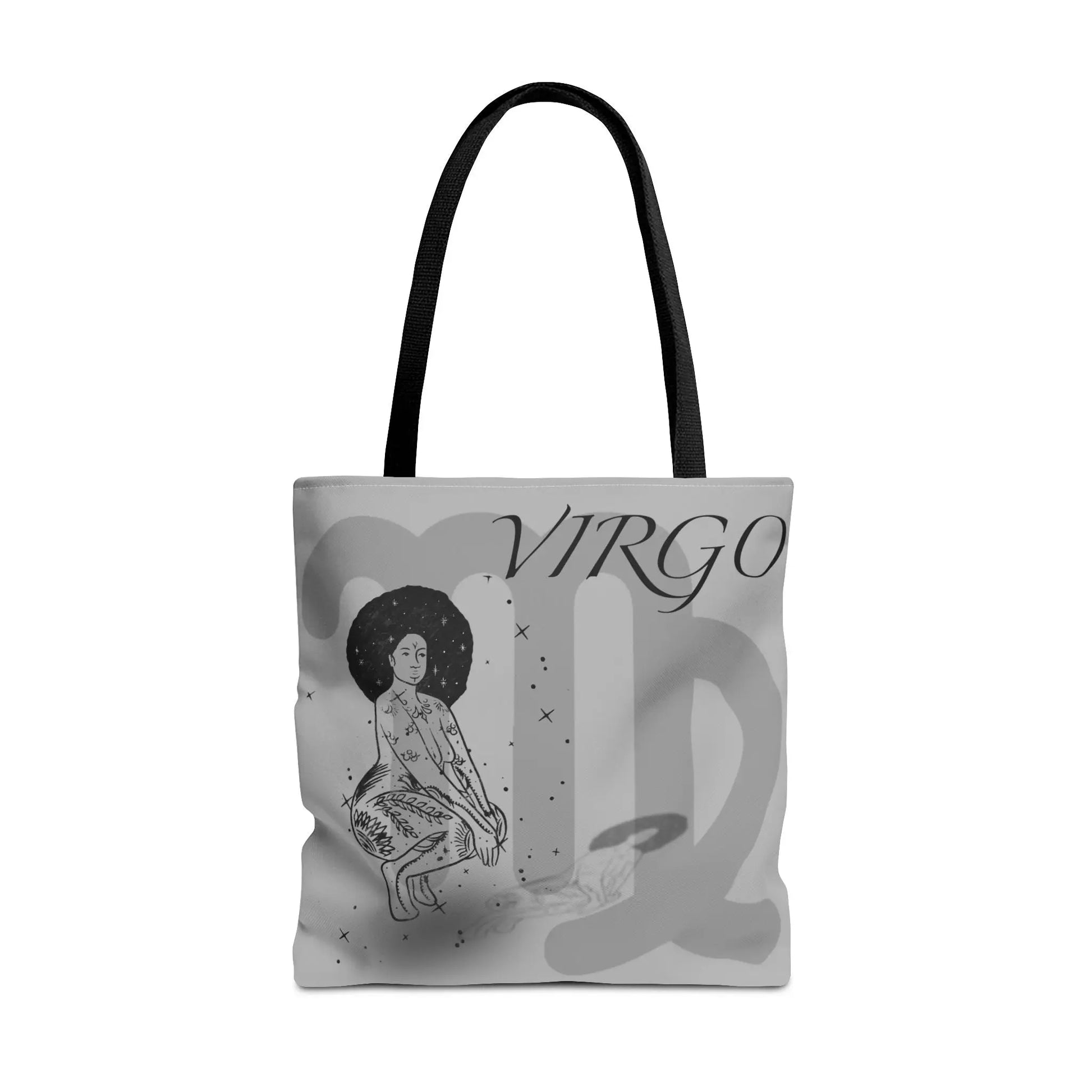 Virgo Zodiac Tote Bag - Front view showing the African Queen illustration on a gray canvas.