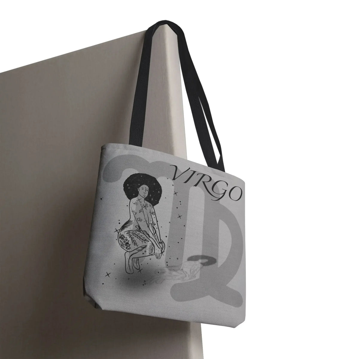 Virgo astrology tote bag with celestial woman design, black straps, gray fabric