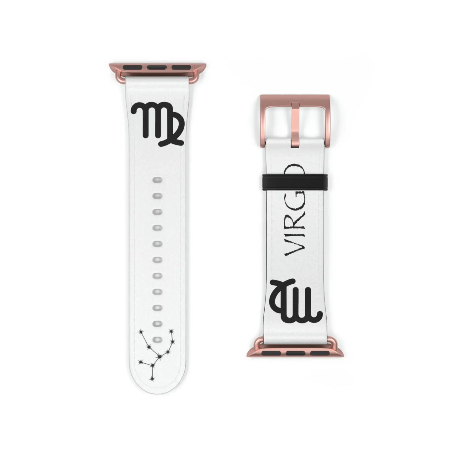 White Virgo zodiac watch band with constellation and astrological symbol, rose gold buckle