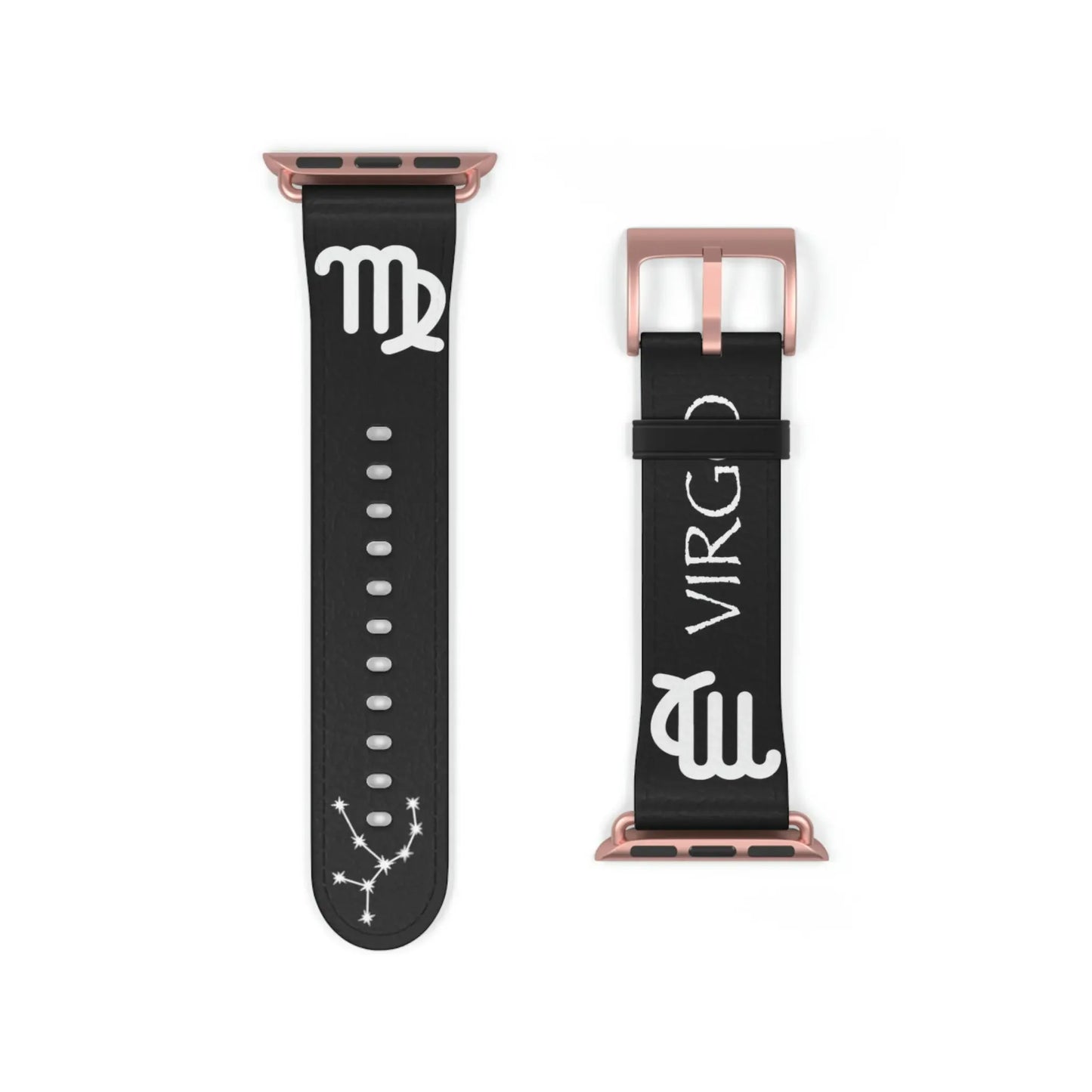 Black Virgo zodiac watch band with white symbol and constellation, rose gold buckle for astrology lovers
