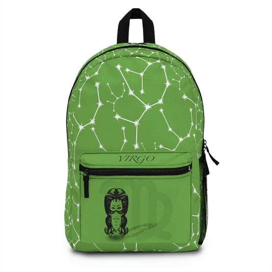 Green Virgo Zodiac Backpack - Front view showing the constellation print and front pocket emblem.