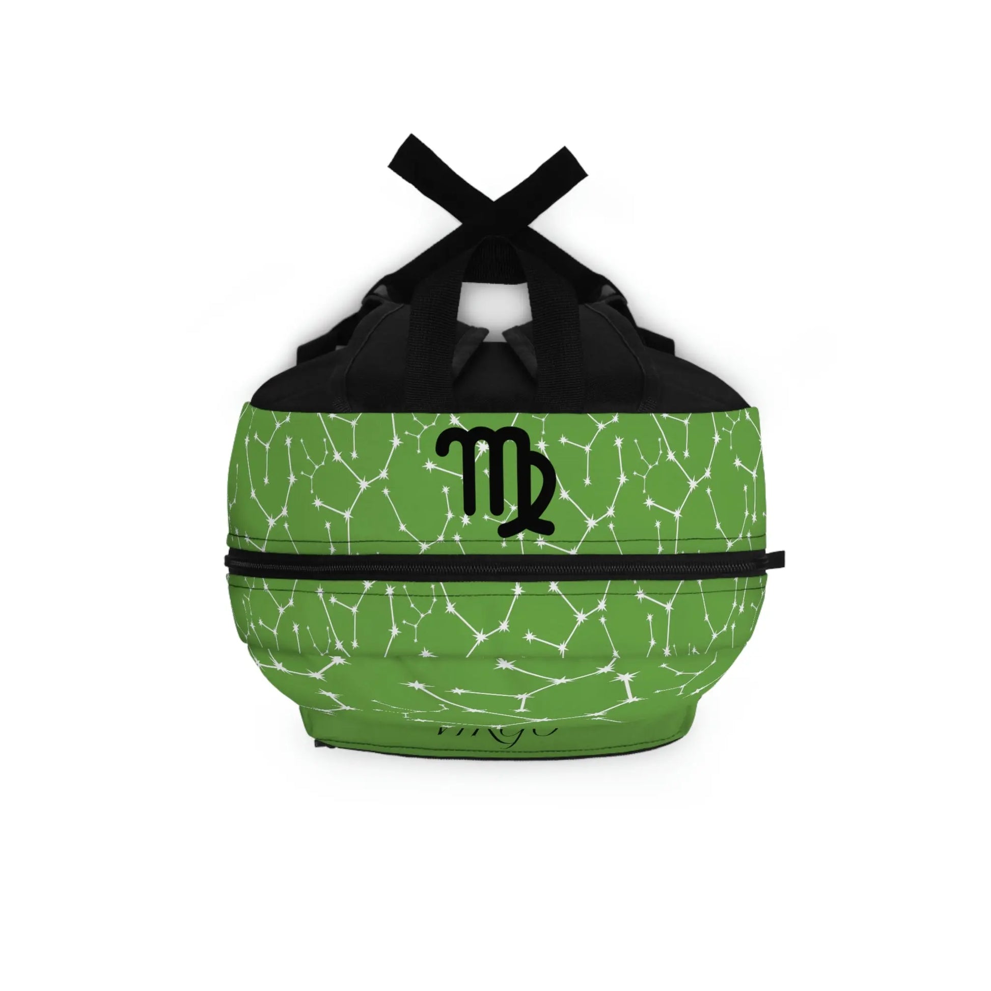 Top-down view of the green Virgo Zodiac Backpack, showing the main zipper opening and shoulder straps.