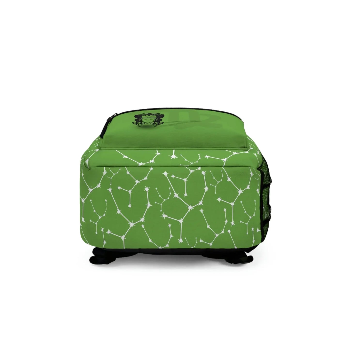 Green astrology backpack with white constellation patterns and zodiac symbol, ideal for metaphysical enthusiasts.