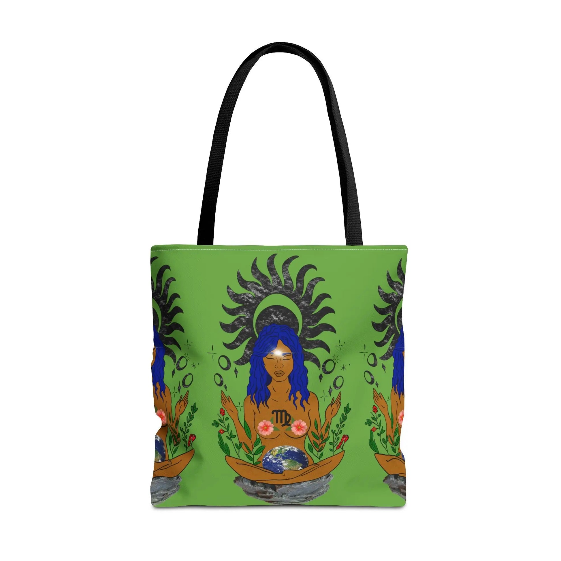 Green Virgo Zodiac Tote Bag - Front view showing the colorful Virgo Maiden illustration.