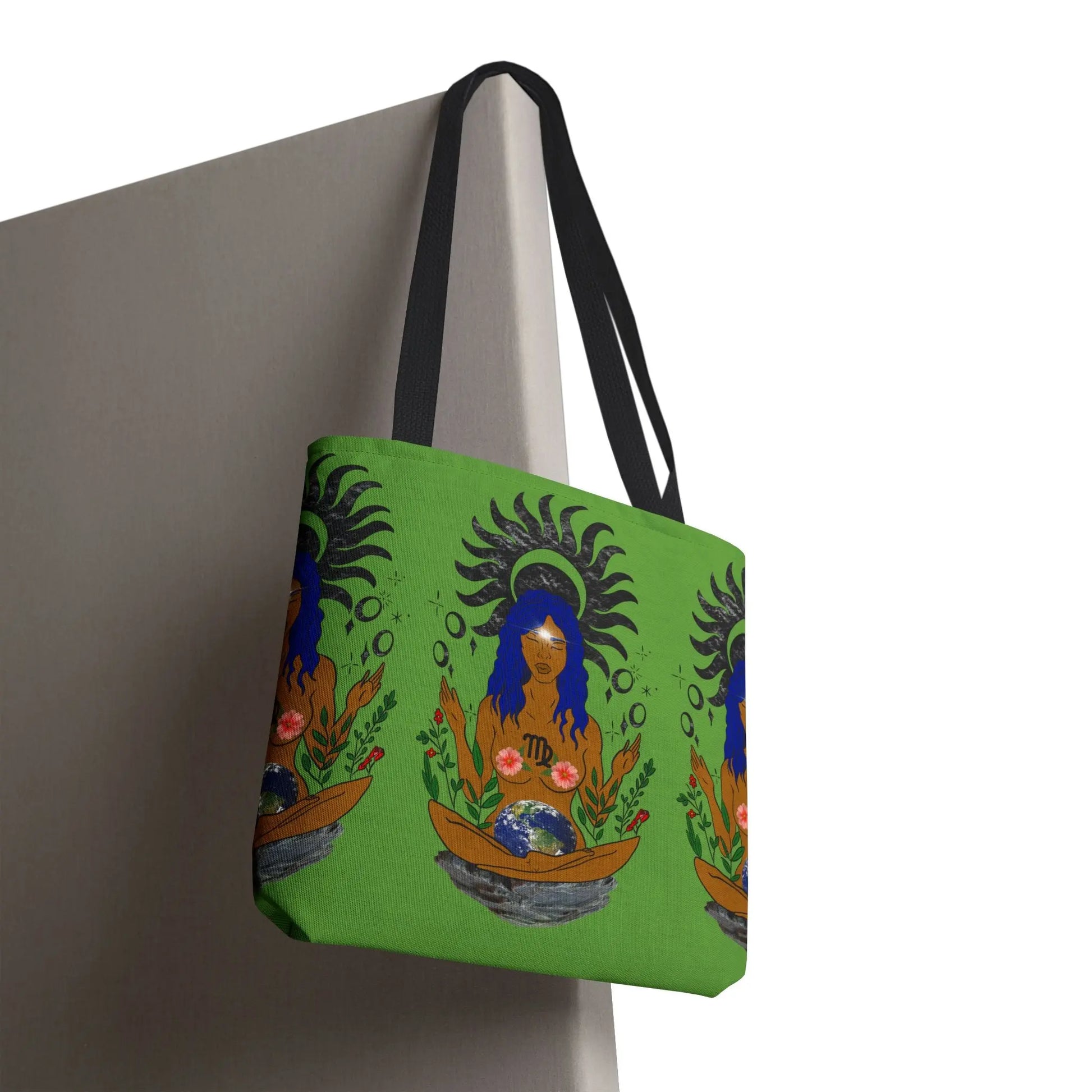 Green Virgo Zodiac Tote Bag - Back view showing the repeating Virgo Maiden pattern.