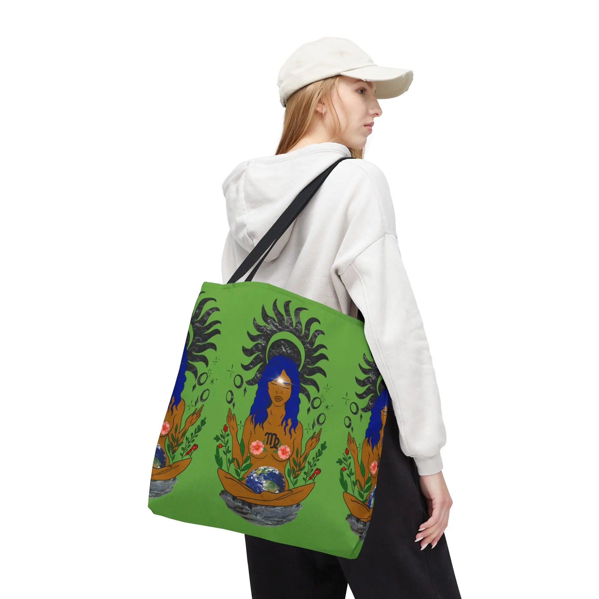 Woman carrying the green Virgo Zodiac Tote Bag over her shoulder.