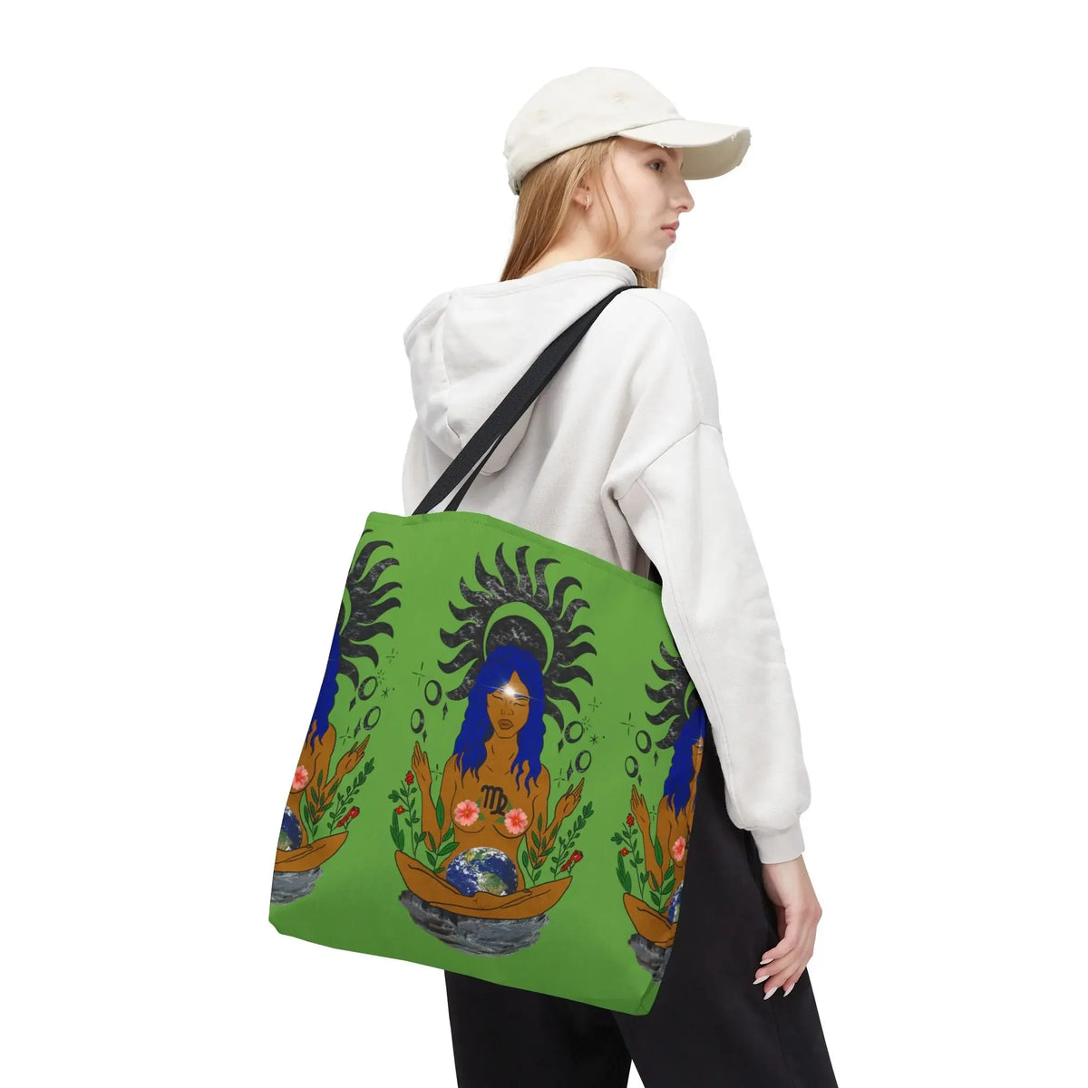 Green tote bag with Virgo zodiac goddess art, chakra energy design, perfect for astrology lovers and spiritual style.