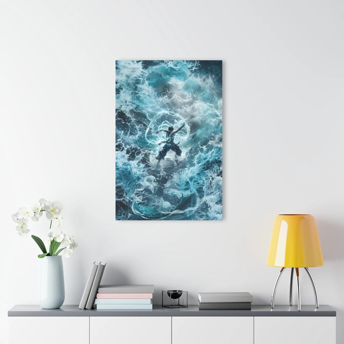 "Master of the Tides" Wall Art displayed in a modern living room setting to show scale.