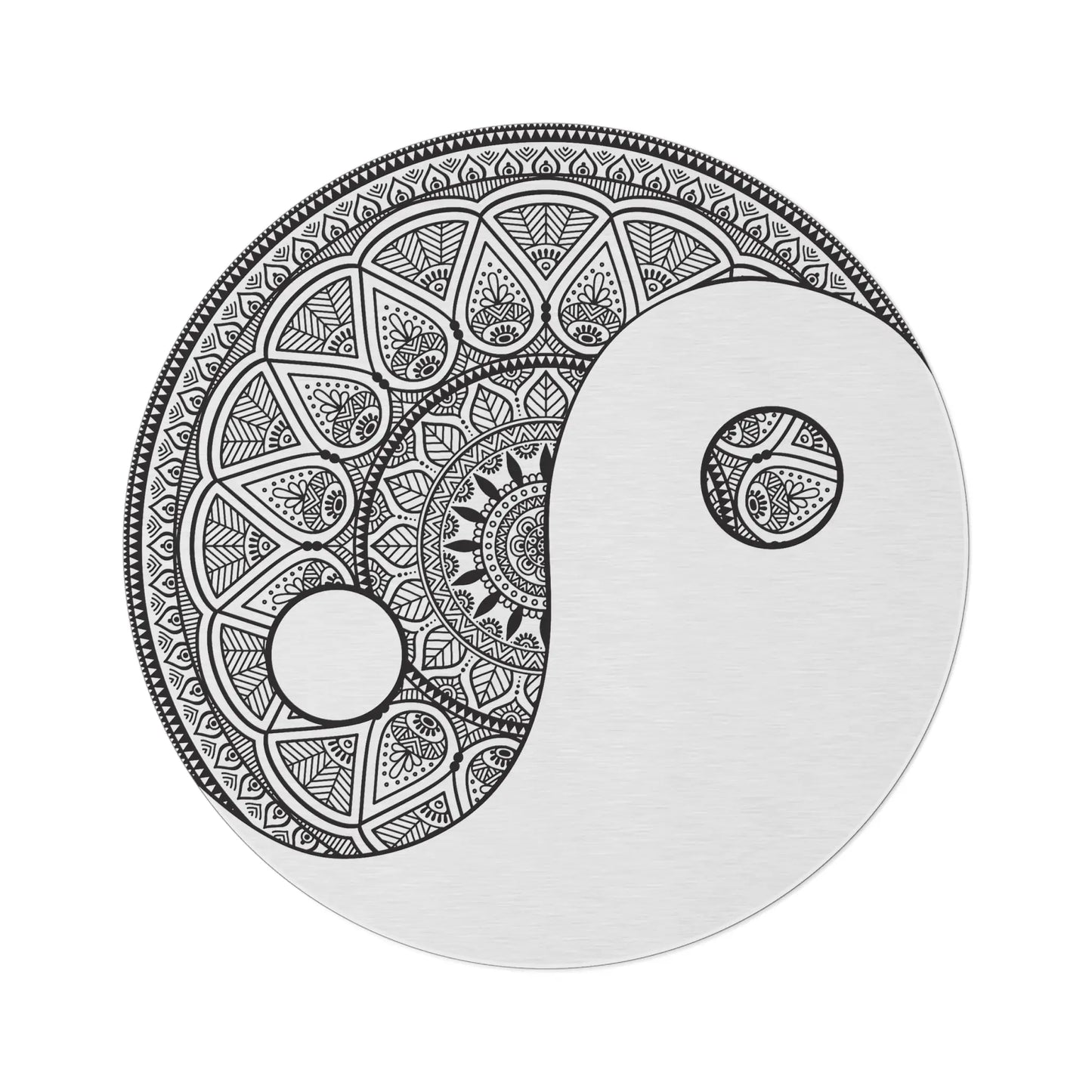"Yin Yang Mandala" Round Rug on a white background, showing the full intricate design.