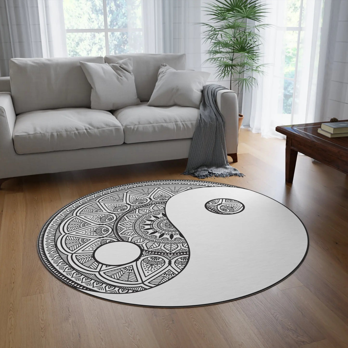 A different living room setting featuring the "Yin Yang Mandala" Round Rug as a centerpiece.