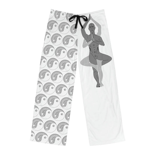 Yin Yang Men's Lounge Pants - Front view showing the yoga and yin yang pattern on each leg.