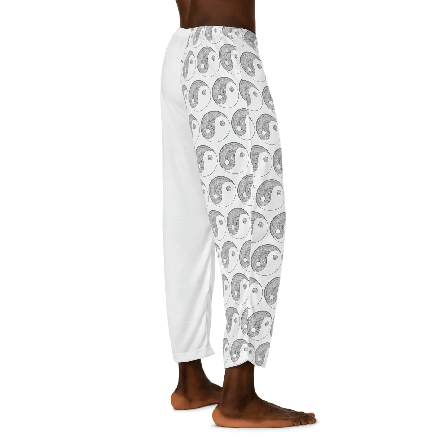 White lounge pants with yin yang and mandala print, ideal for meditation and spiritual wellness.