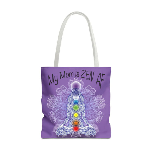 Zen AF Mom Tote Bag - Front view on a purple canvas showing "My Mom Is Zen AF" text and a meditating woman with chakras.