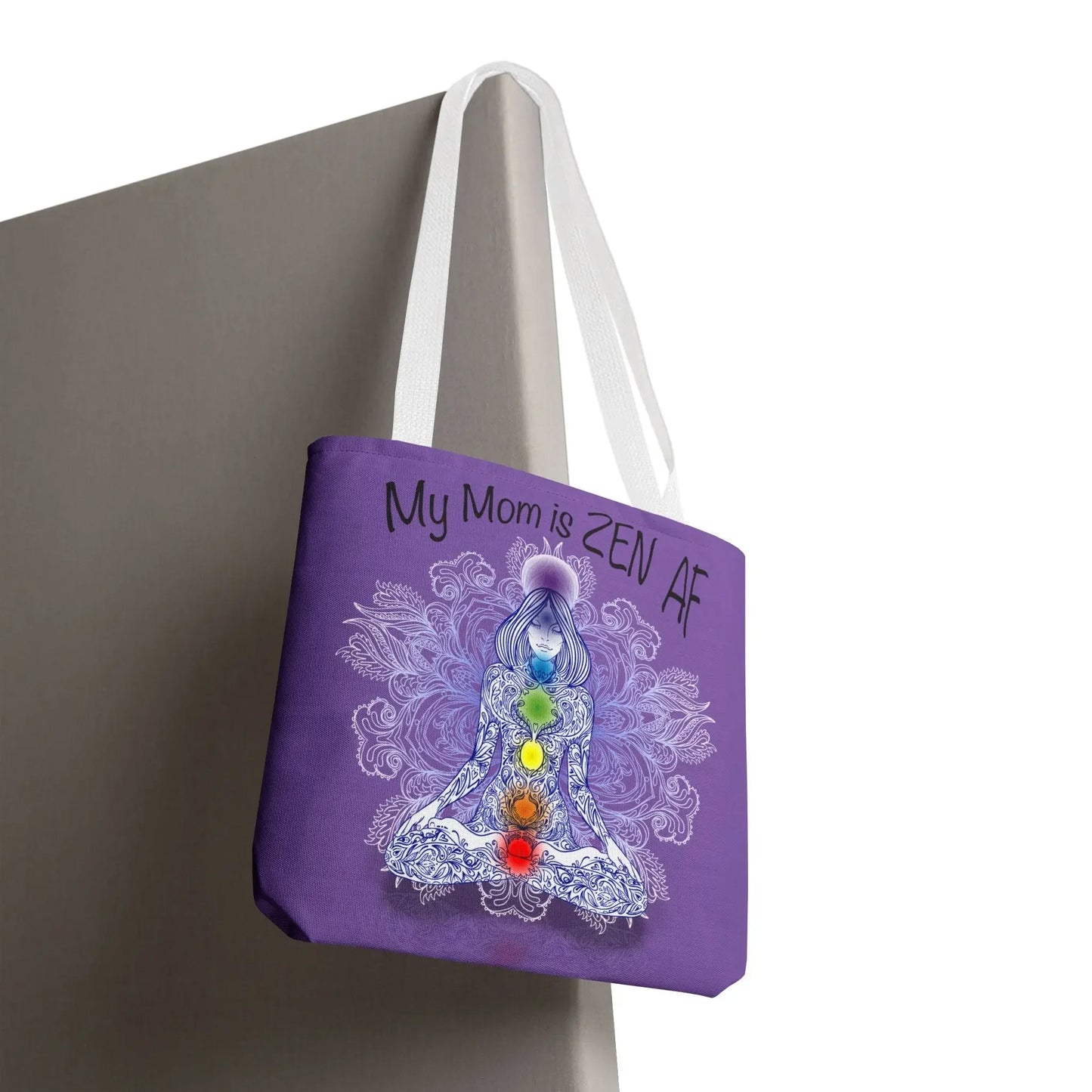 Purple tote bag with 'My Mom is ZEN AF' text, featuring a meditating figure with chakra symbols and mandala design.