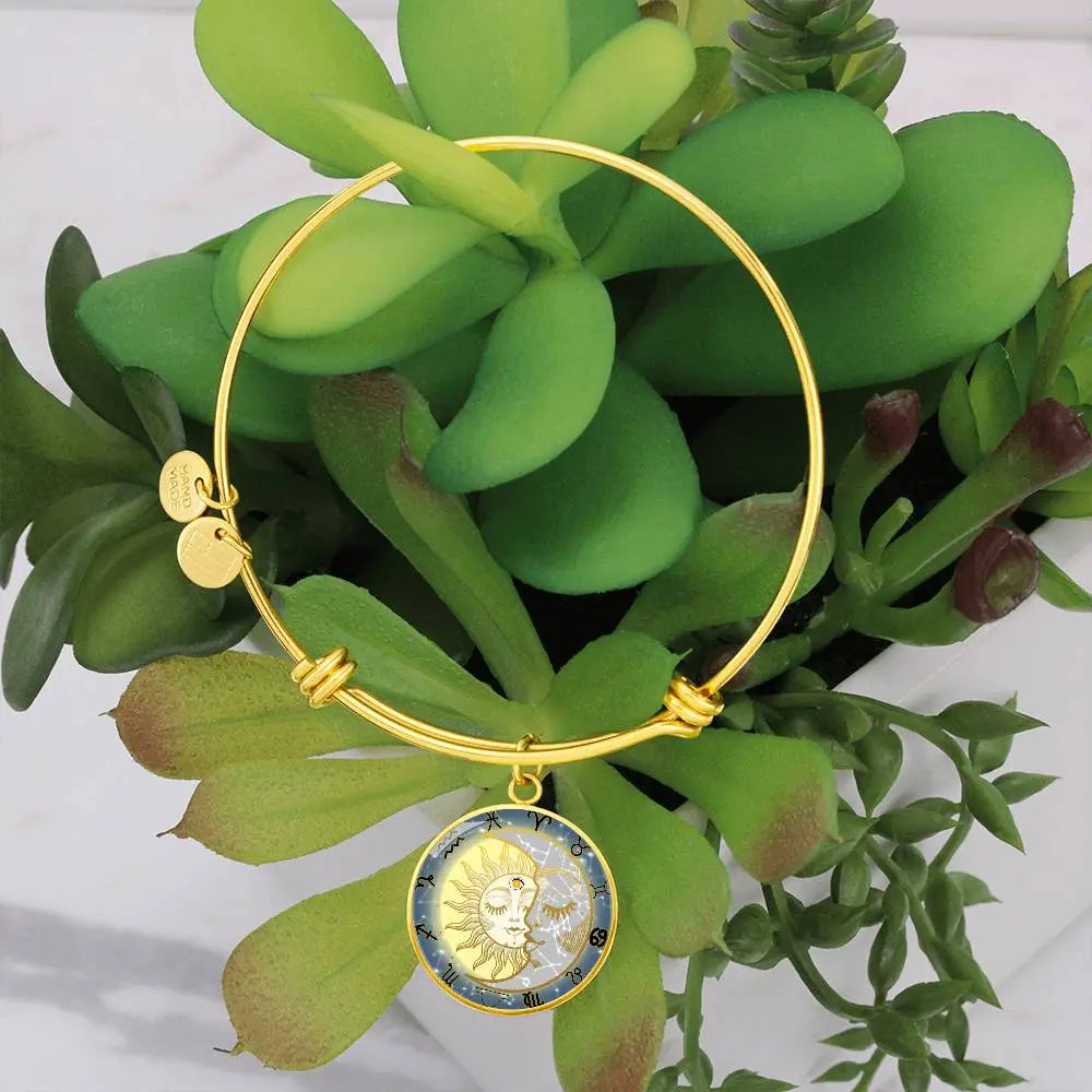 Gold Celestial Zodiac Bangle Bracelet resting on a green plant.