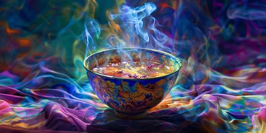 Steaming chakra tea in ornate bowl on colorful silk, for energy healing and spiritual wellness