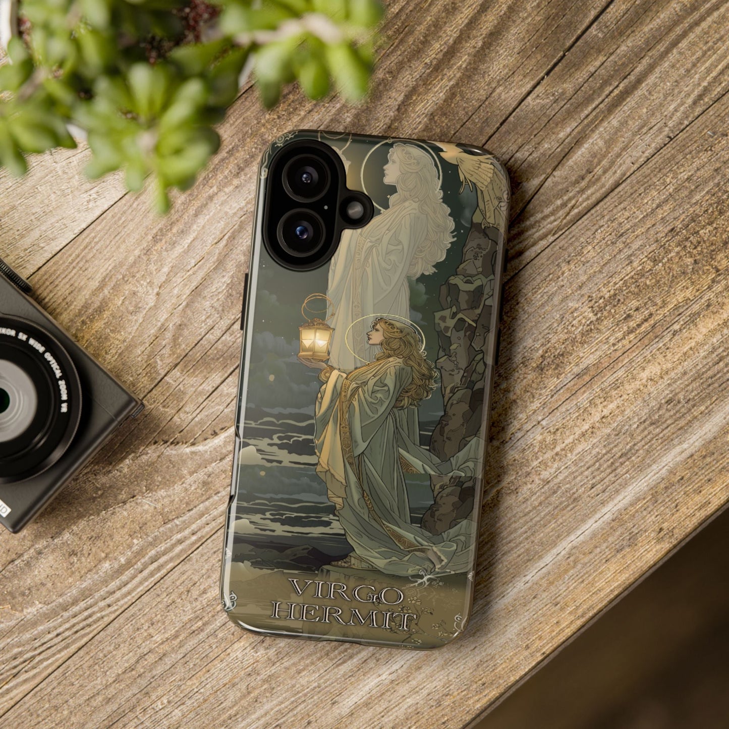 Virgo "The Hermit" Tarot Card Phone Case on a wooden table