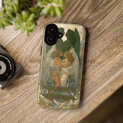 Gemini "The Lovers" Tarot Card Phone Case iPhone17 on a wooden table