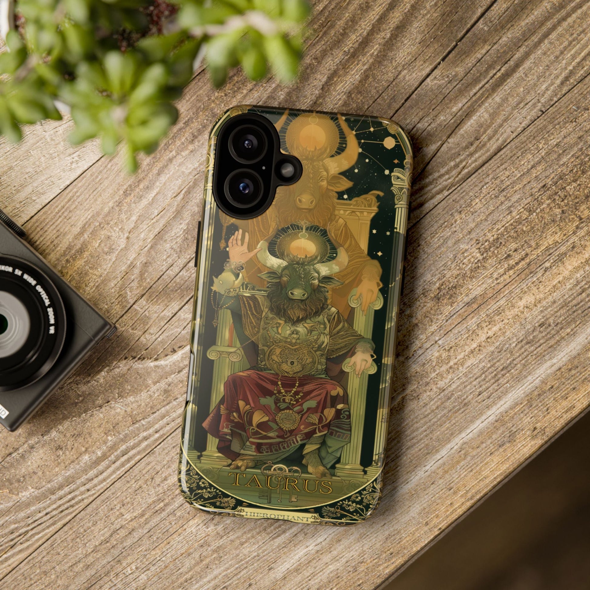 Taurus "The Hierophant" Tarot Card Phone Case on a wooden table