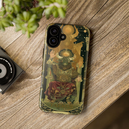 Taurus "The Hierophant" Tarot Card Phone Case on a wooden table