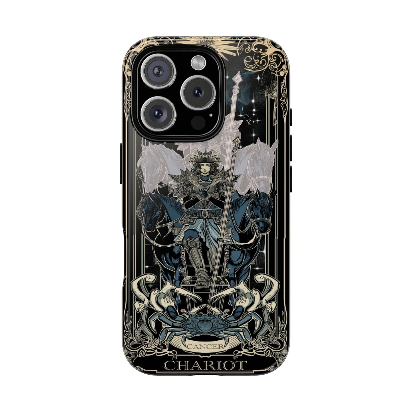 Cancer "The Chariot" Tarot Card Phone Case for iPhone 17 - Front view.