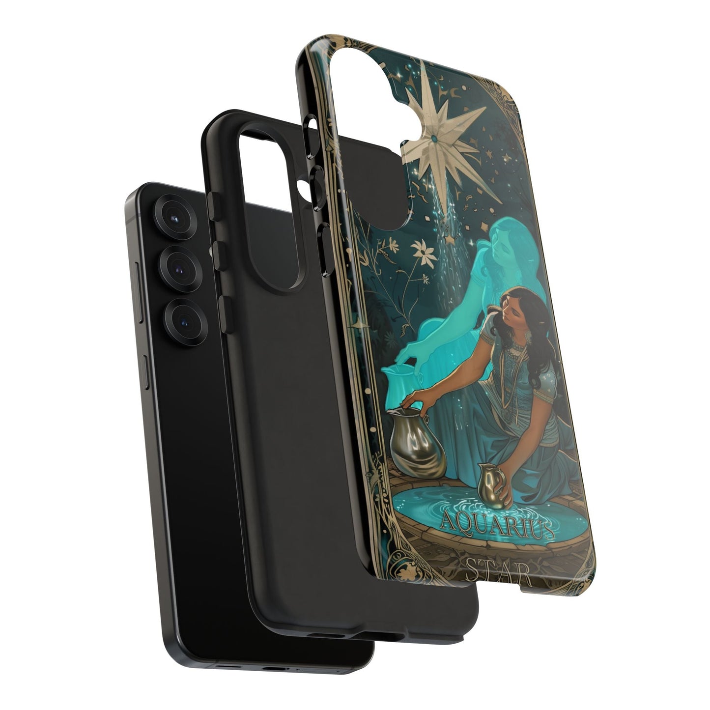 Angled view of the Aquarius phone case showing the 3D wrap design and glossy finish.