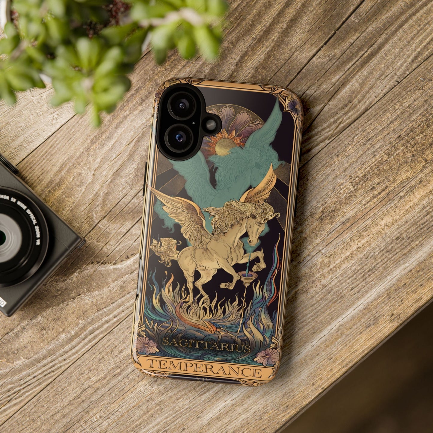Sagittarius "Temperance" Tarot Card Phone Case Pin a wooden table.