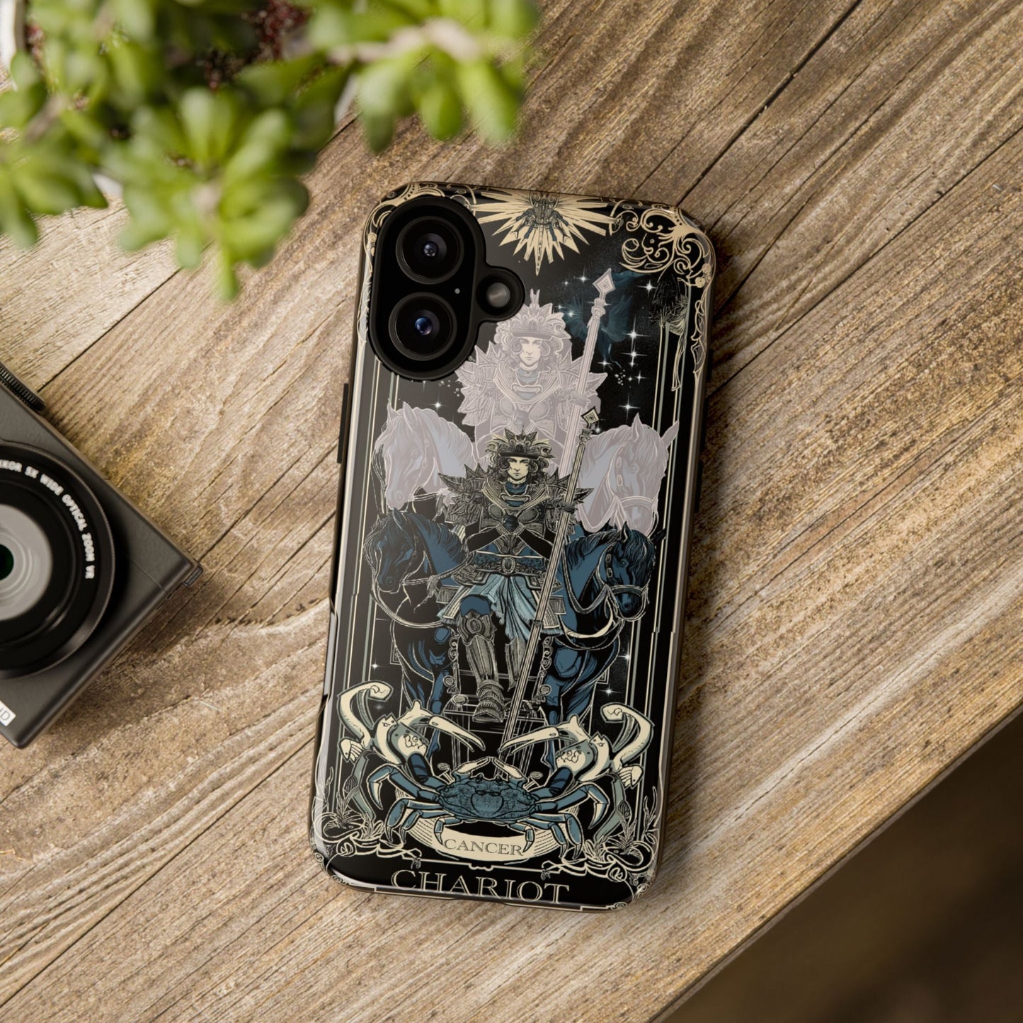 The Cancer Tarot Card case. on a wooden table. 