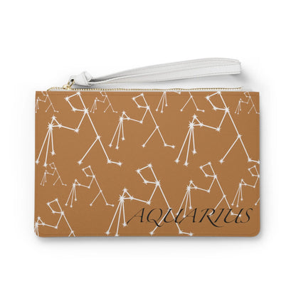 Aquarius Zodiac Clutch - Front view of brown vegan leather purse with white constellation print.