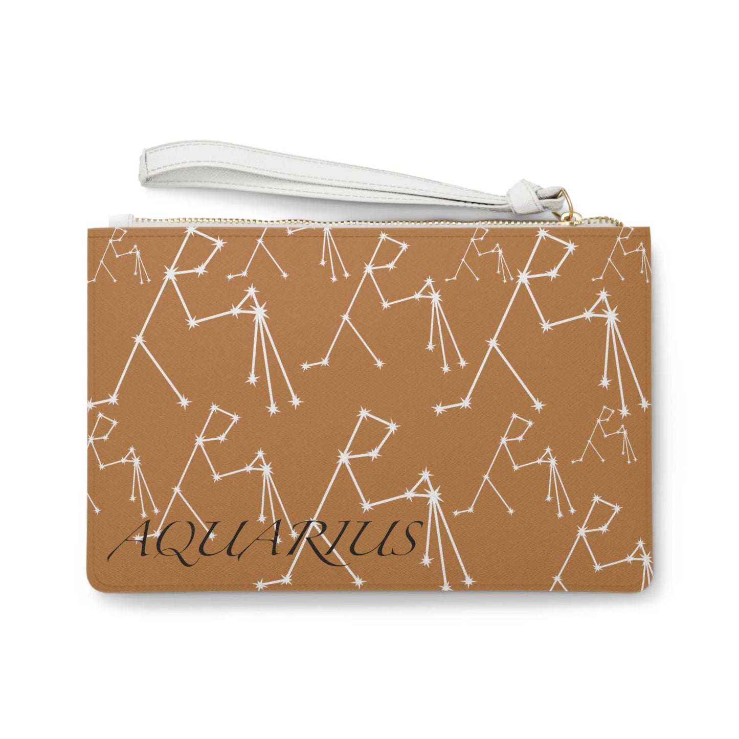 Aquarius Zodiac Clutch - Back view of brown vegan leather purse with white constellation print.
