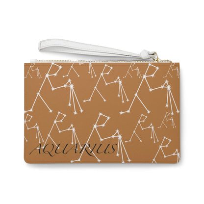Aquarius Zodiac Clutch - Back view of brown vegan leather purse with white constellation print.