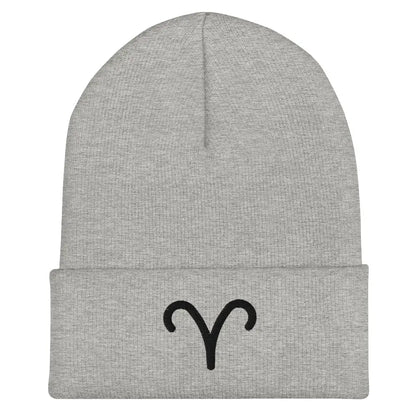 Gray Aries Zodiac Beanie - Front view of embroidered knit hat.