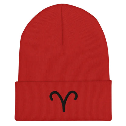 Red Aries Zodiac Beanie - Front view of embroidered knit hat.